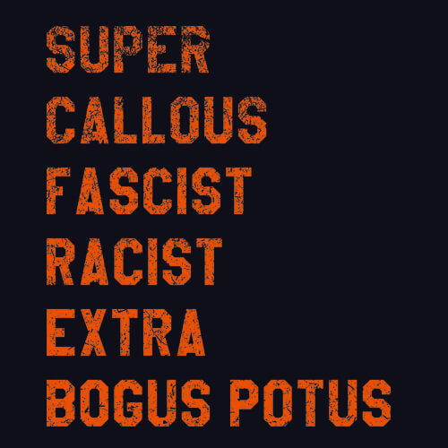 text on shirt that says super callous fascist racist extra bogus potus